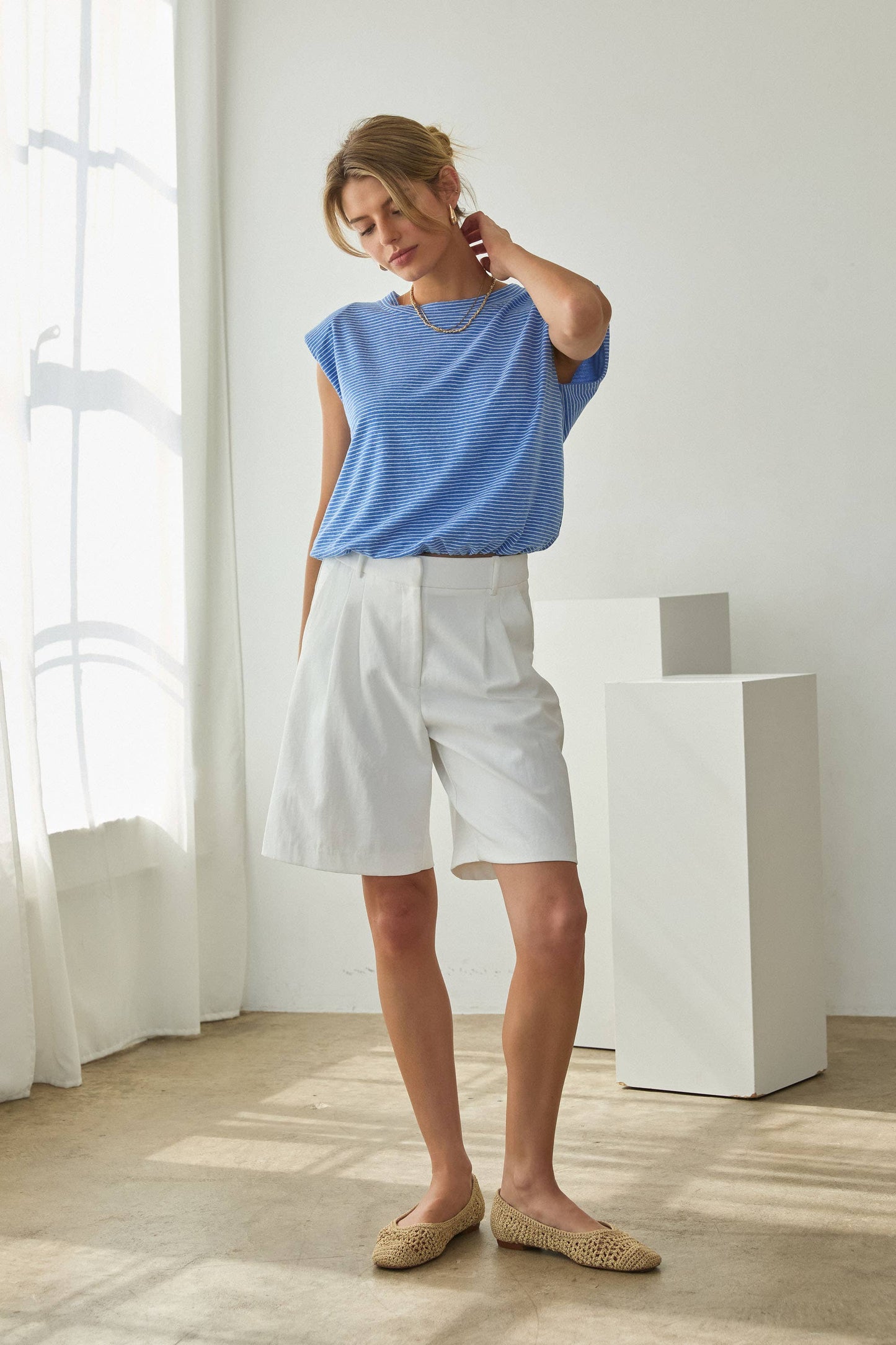 Blue Stripe Knit Bubble Hem Tank Top-144741