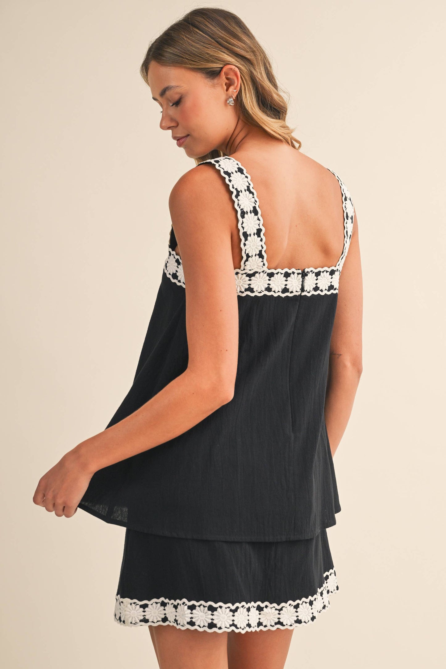 Black with White Detail Trim Linen Dress - 120145