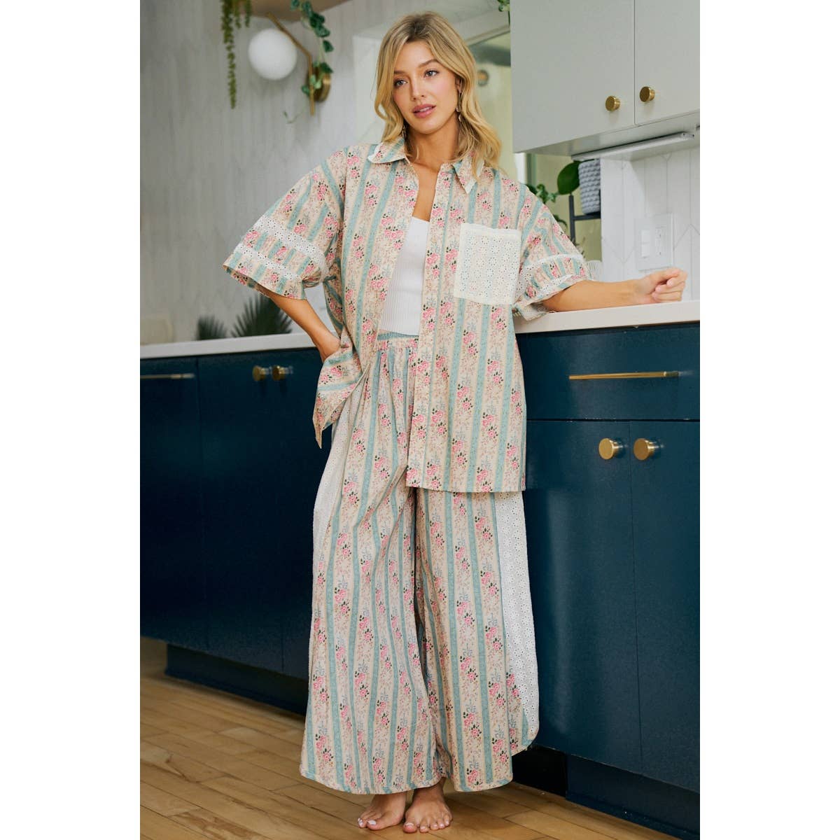Teal w/ Pink Floral Eyelet Side Wide Leg Pants-141889