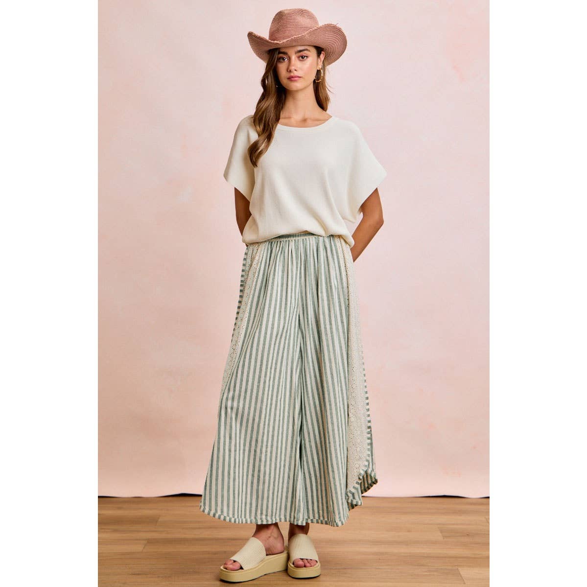 Black and White Stripe and Eyelet Side Wide Leg Pants-131889