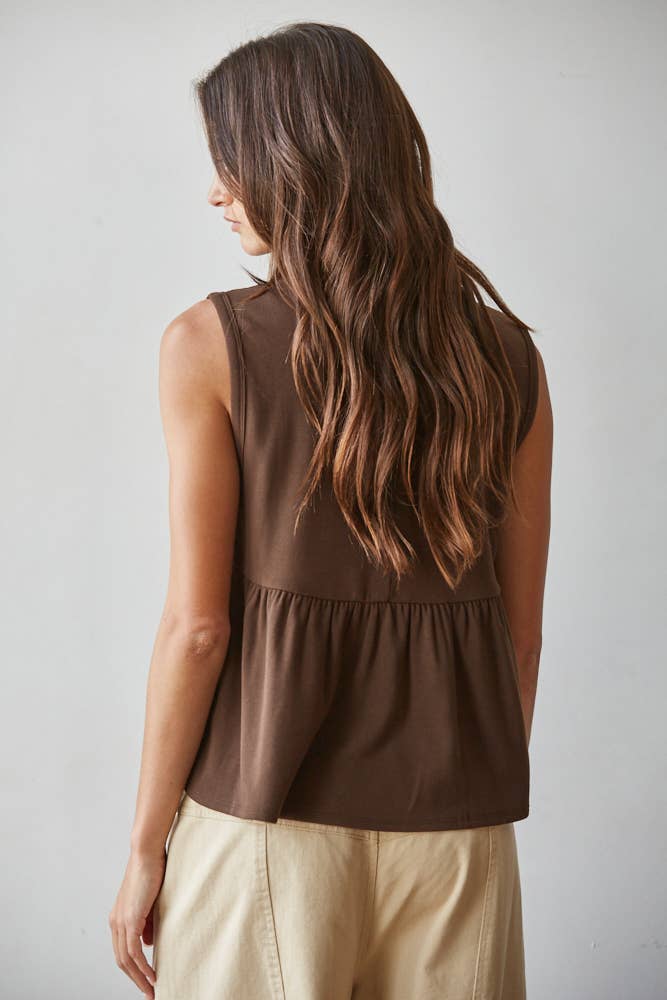 Chocolate Round Neck Jersey Knit Sleeveless Top-149117
