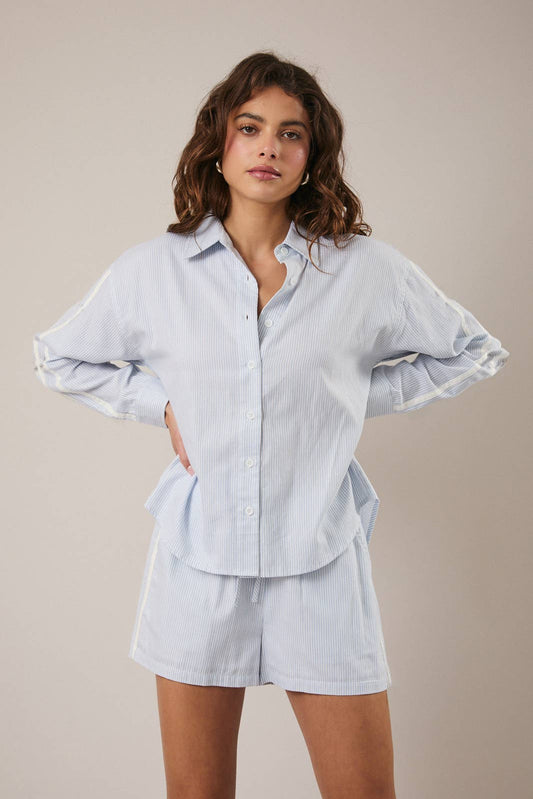 Blue and White Stripe Button Up Blouse w/ White Stripe Detail Sleeve - 142063