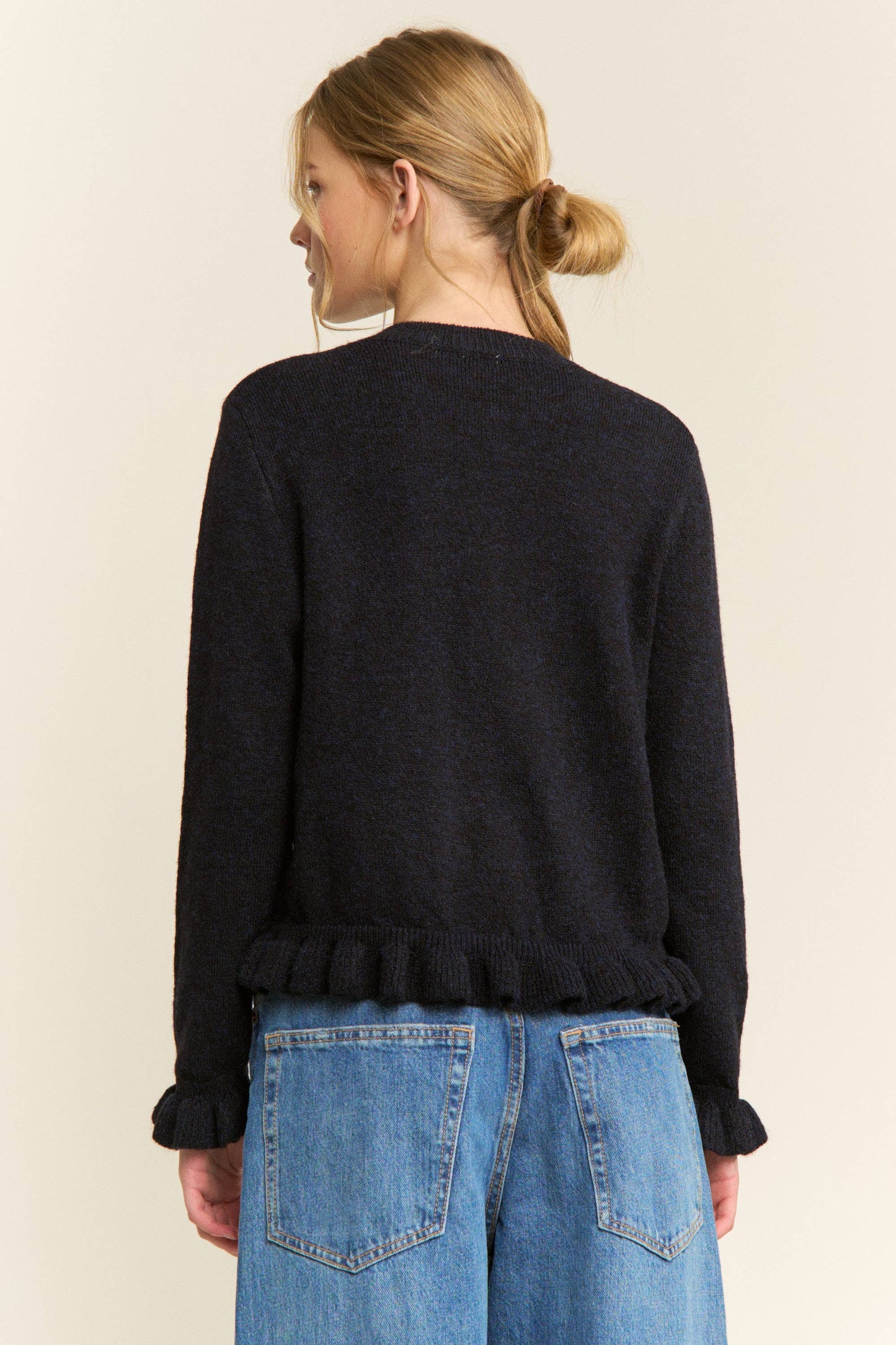 Navy Ruffle Trim Button-Up Cardigan -151015