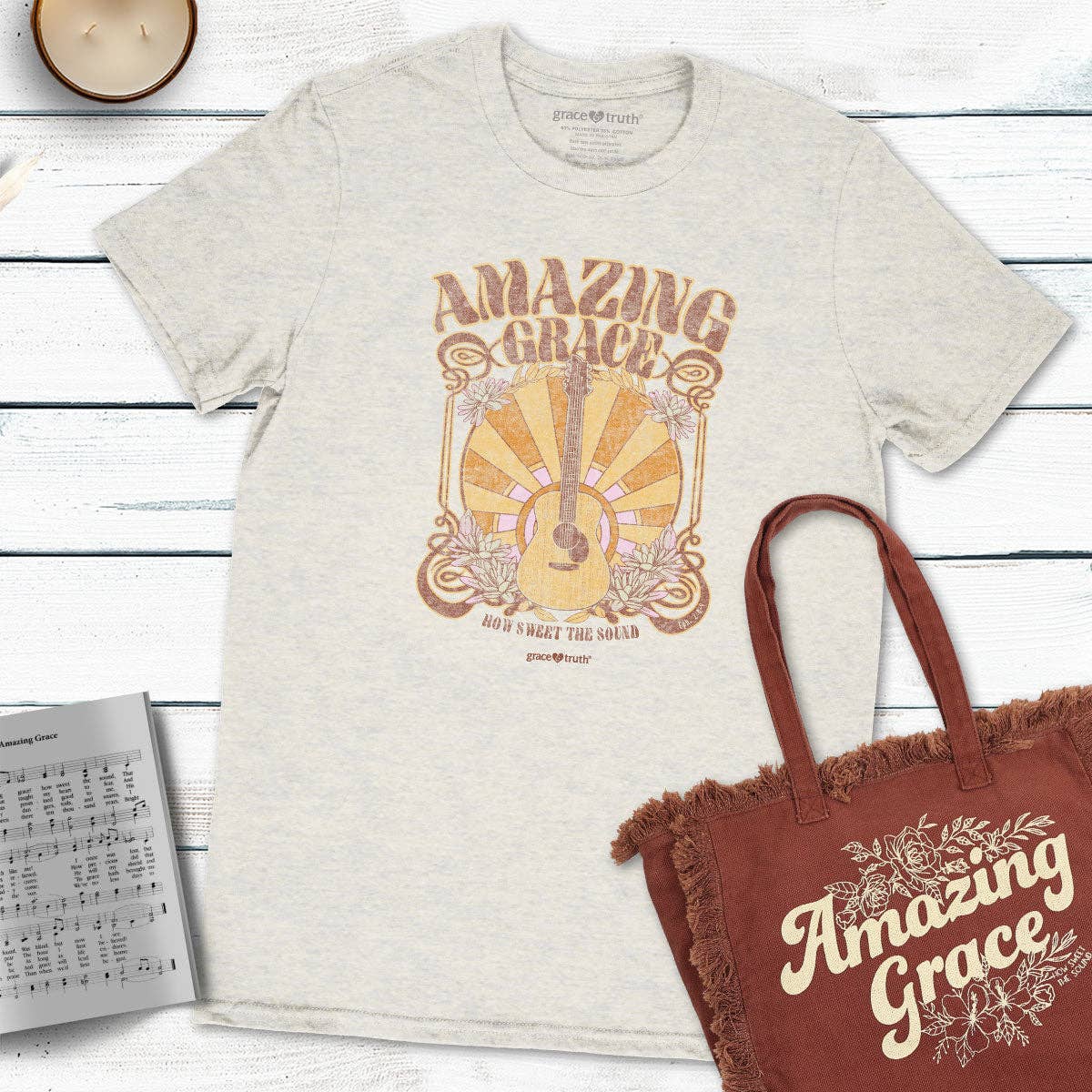 Oatmeal Heather 'Amazing Grace Guitar' Womens T-Shirt-104399