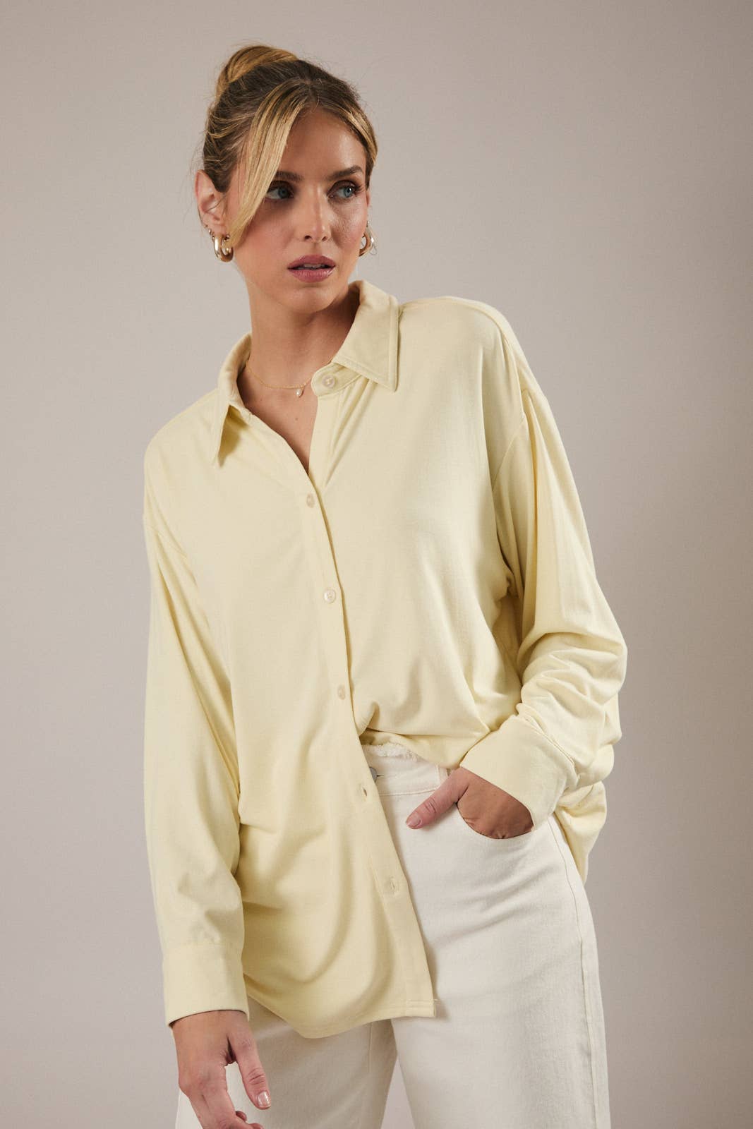 Soft Yellow Jersey Button Down  Shirt -142077