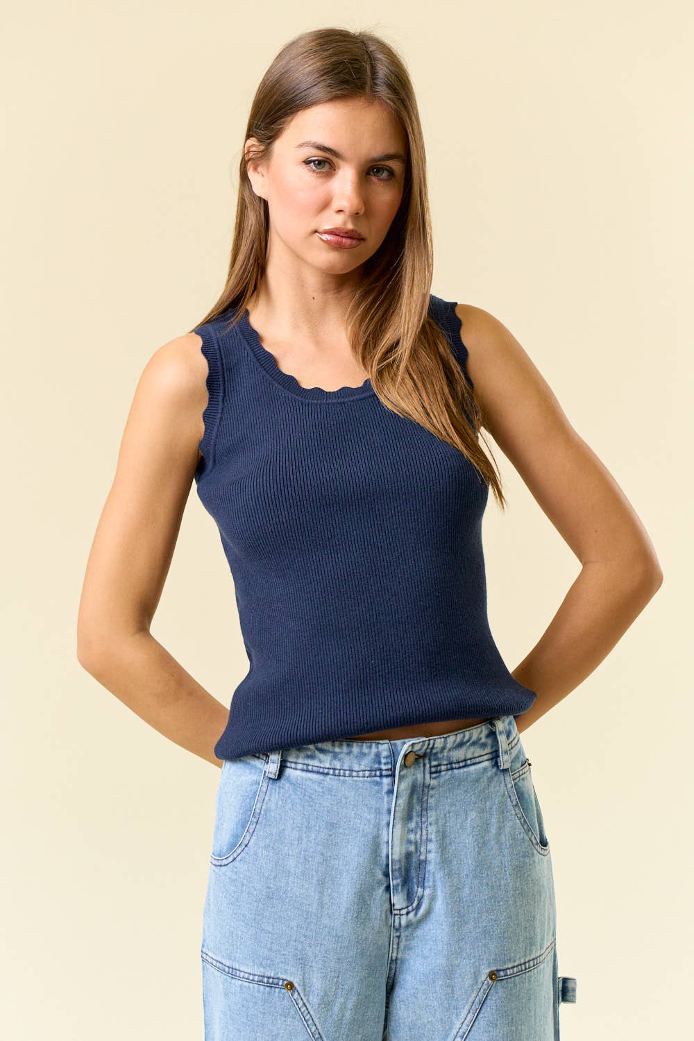Navy Scalloped Scoop Neck Sleeveless Knit Sweater Top