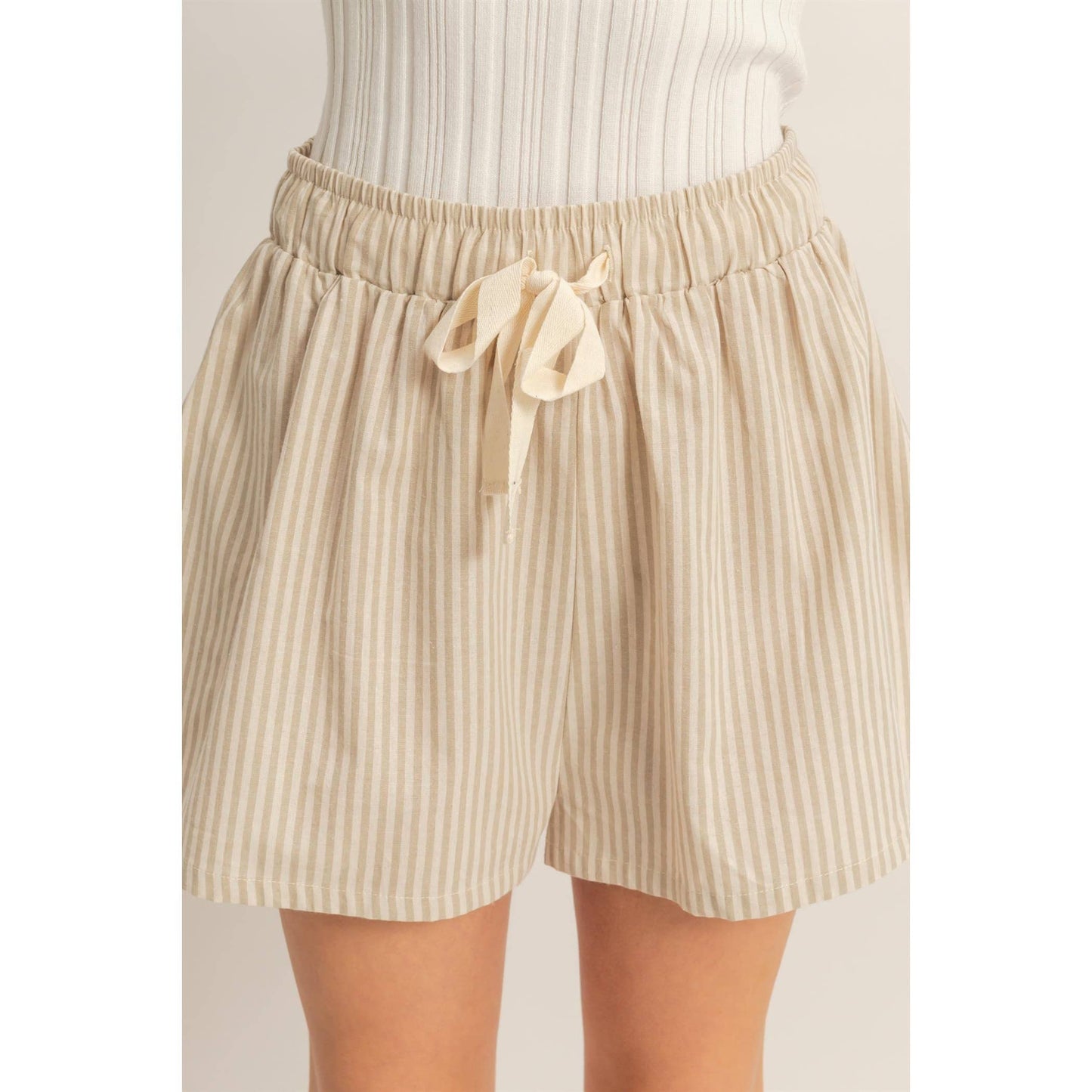 Beige Striped Elastic Tie Waist Shorts - 11001