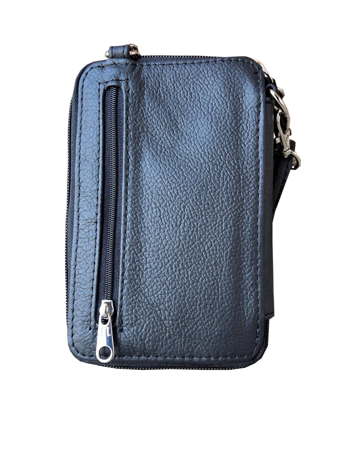 Black Leather Phone Bag with Credit Card Slots and Adjustable Strap