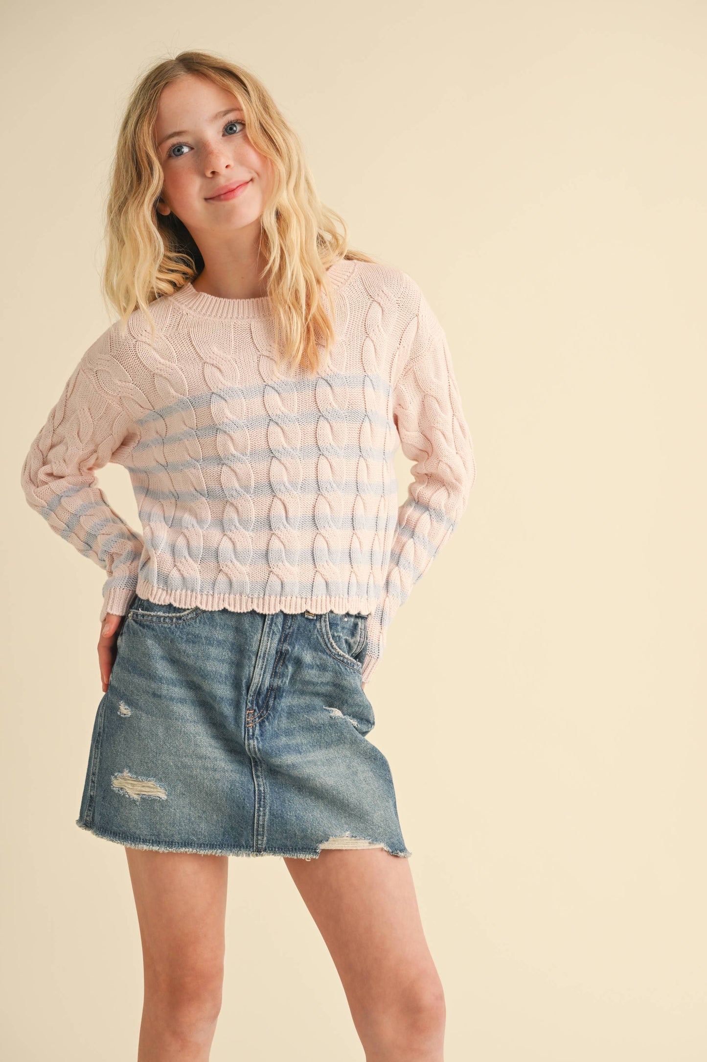 Blush and Blue Cable Knit Boxy Sweater