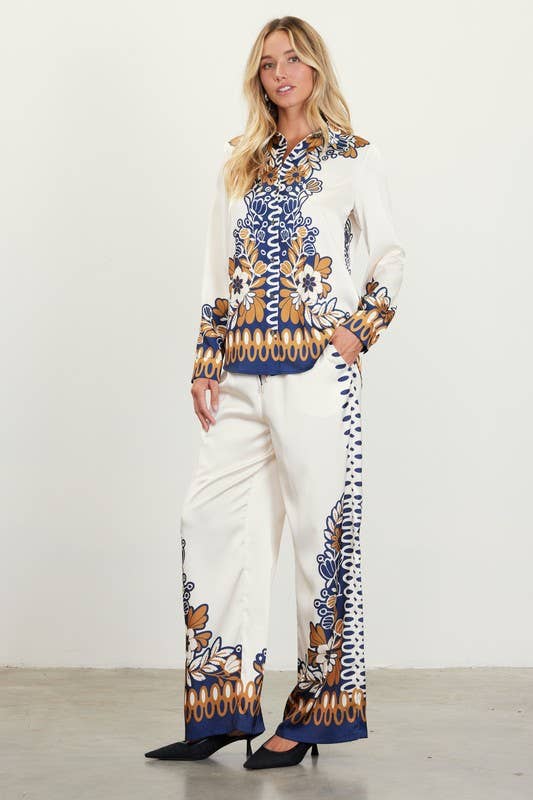 Mustard-Navy Printed Border Button-Down Blouse-146056