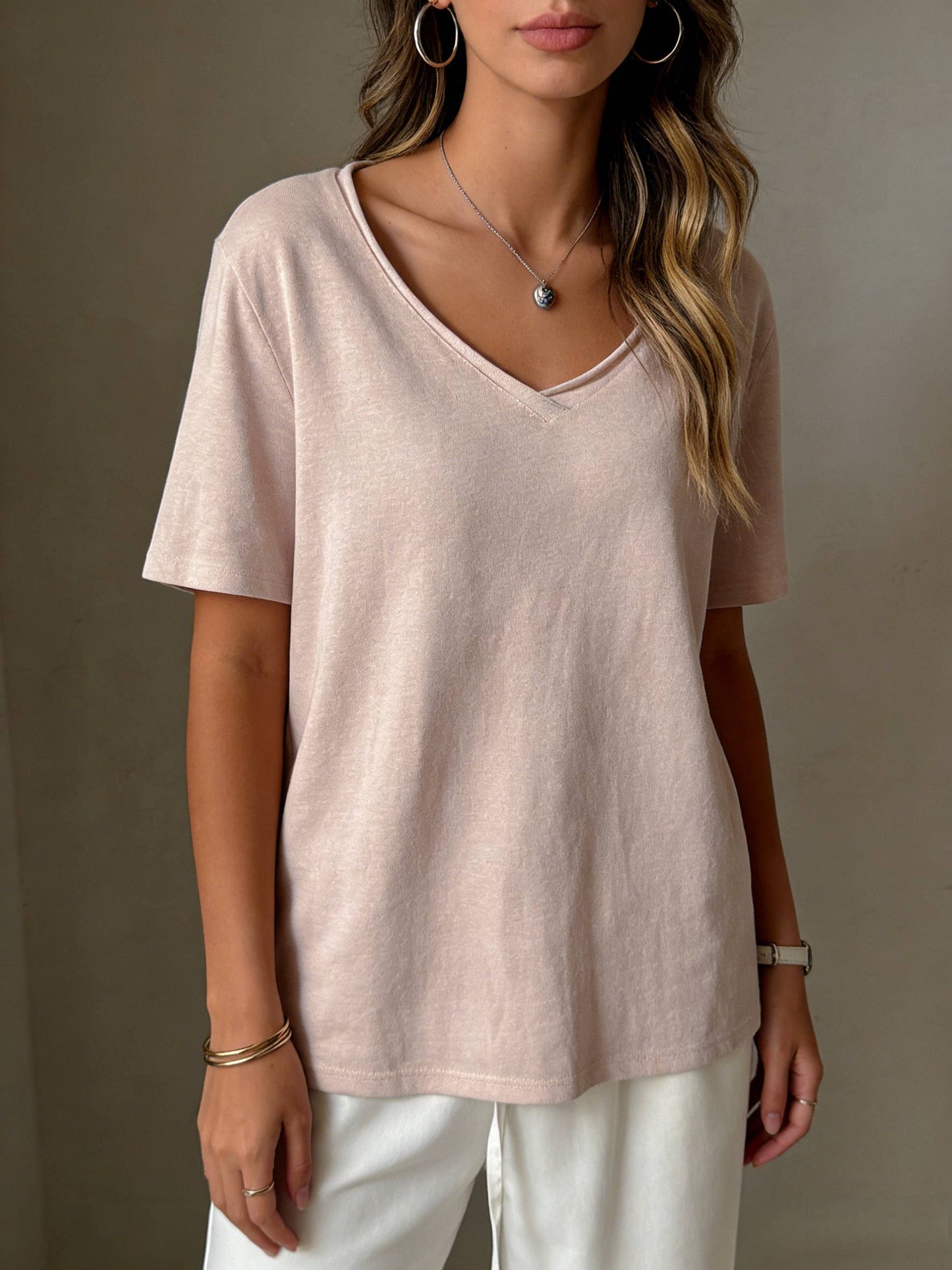 Cotton blend short sleeve roll neck tees V-neck T-shirt - Grey or Pink - 146744
