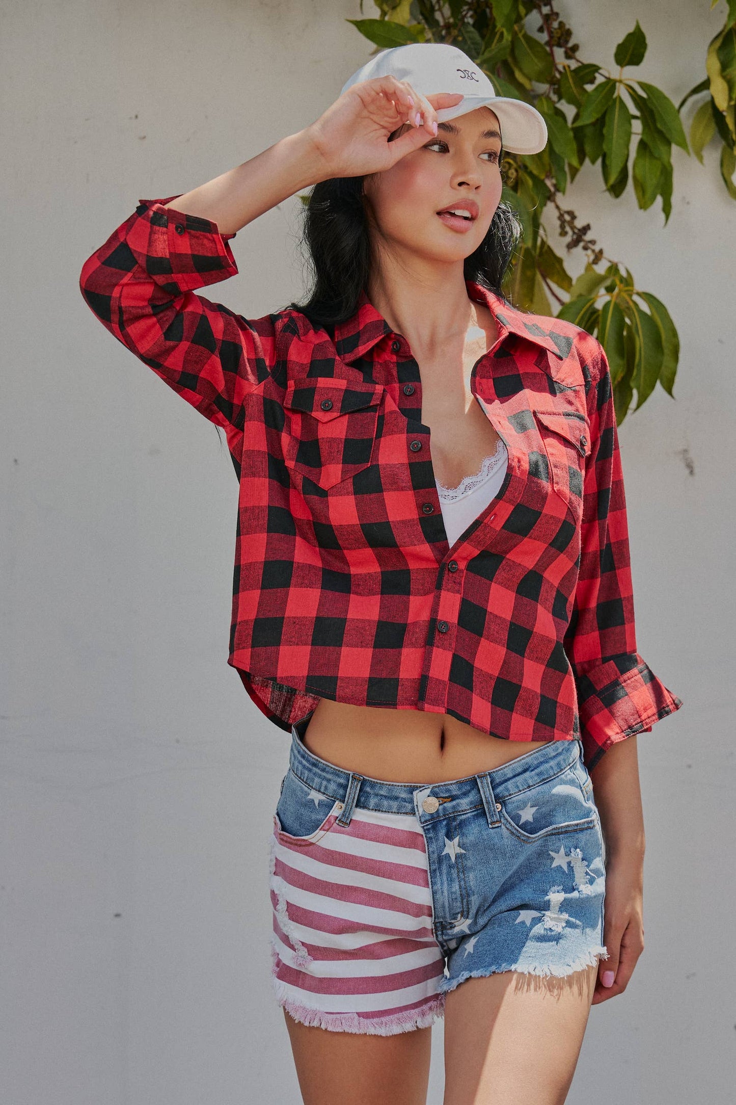 Light Denim Stars And Stripes Cutoff Distressed Shorts-110196