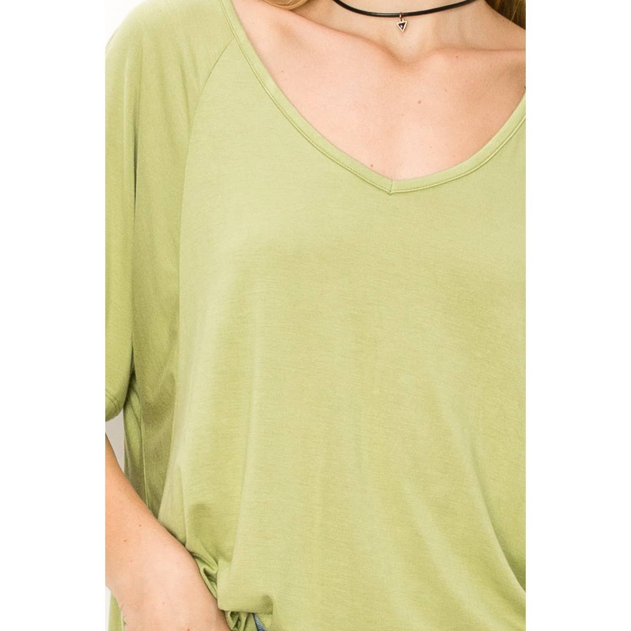 Oversized V-Neck Short Sleeve Top: PALE OLIVE