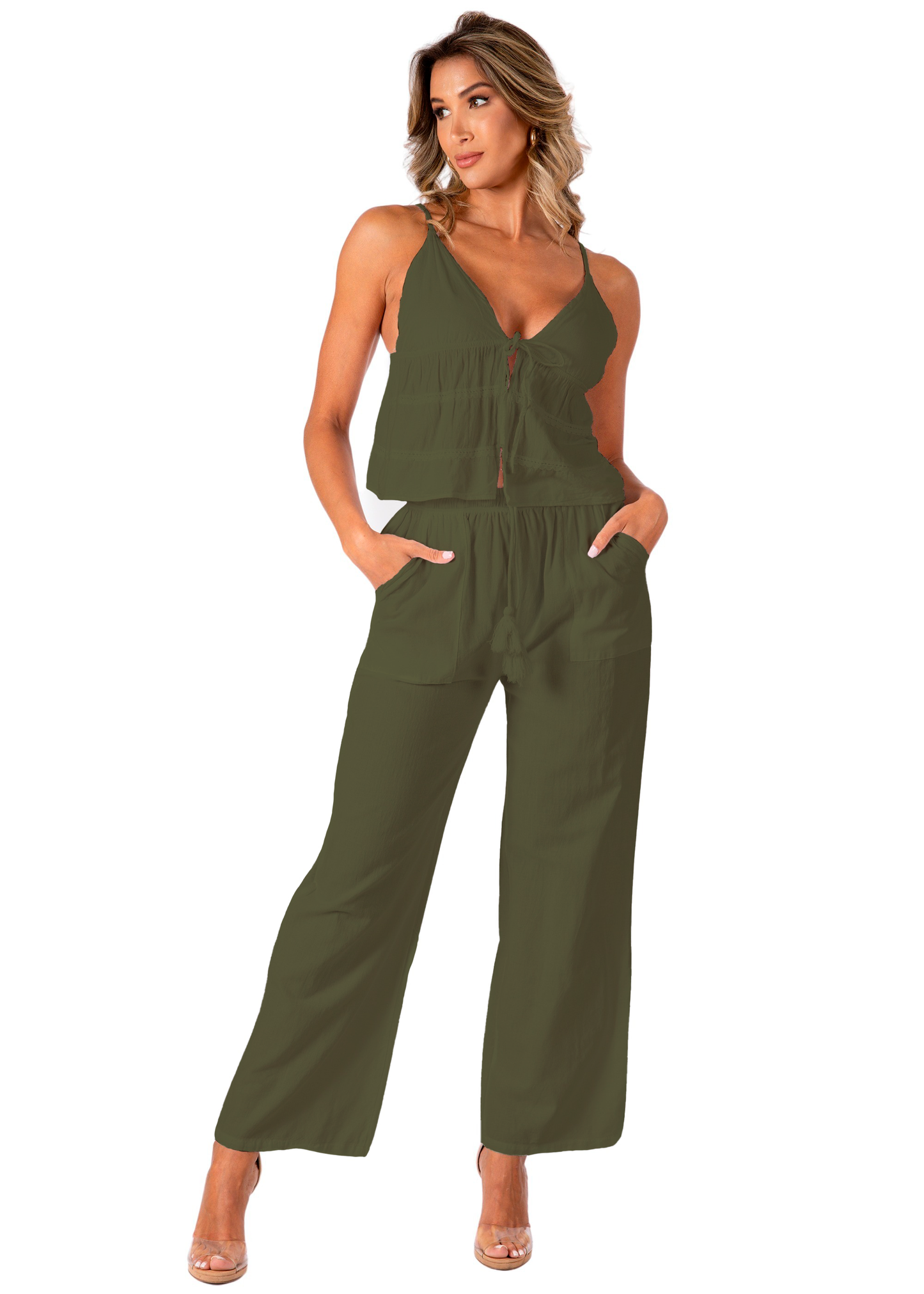 Olive Green Tie Waist Pant - 131825