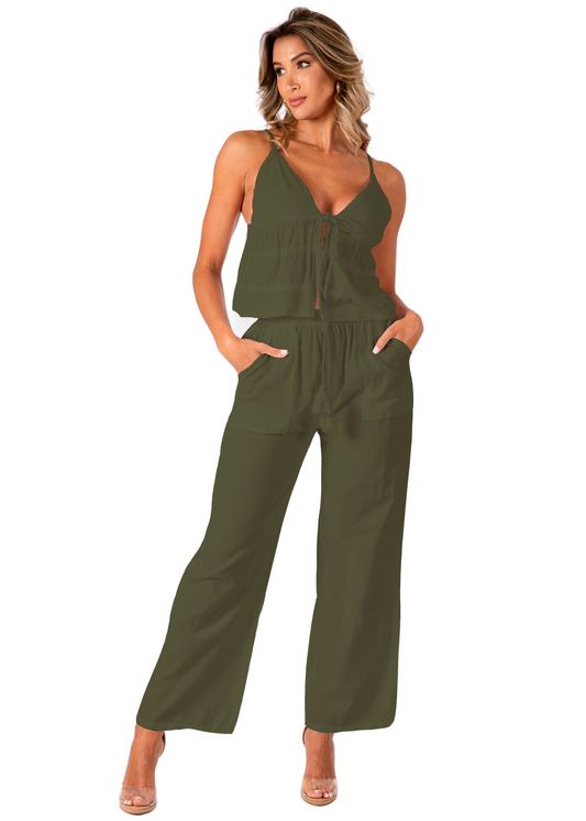 Olive Green Tie Waist Cotton Pant - 131825