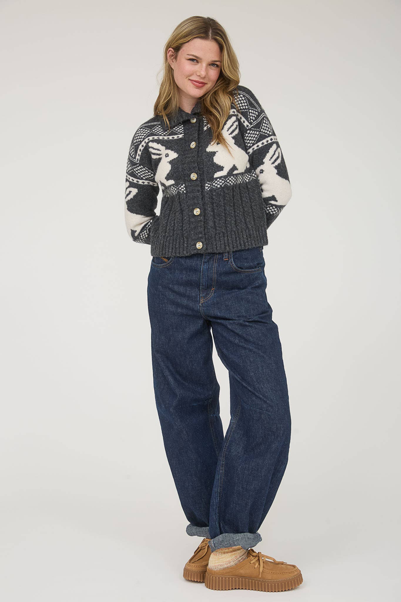 Charcoal and White with Bunny Detail Jacquard Collared Knit Cardigan