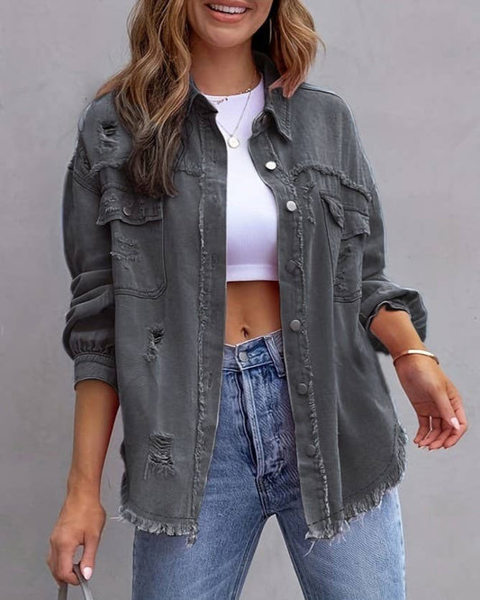 Grey Distressed Loose Denim Jacket-166134
