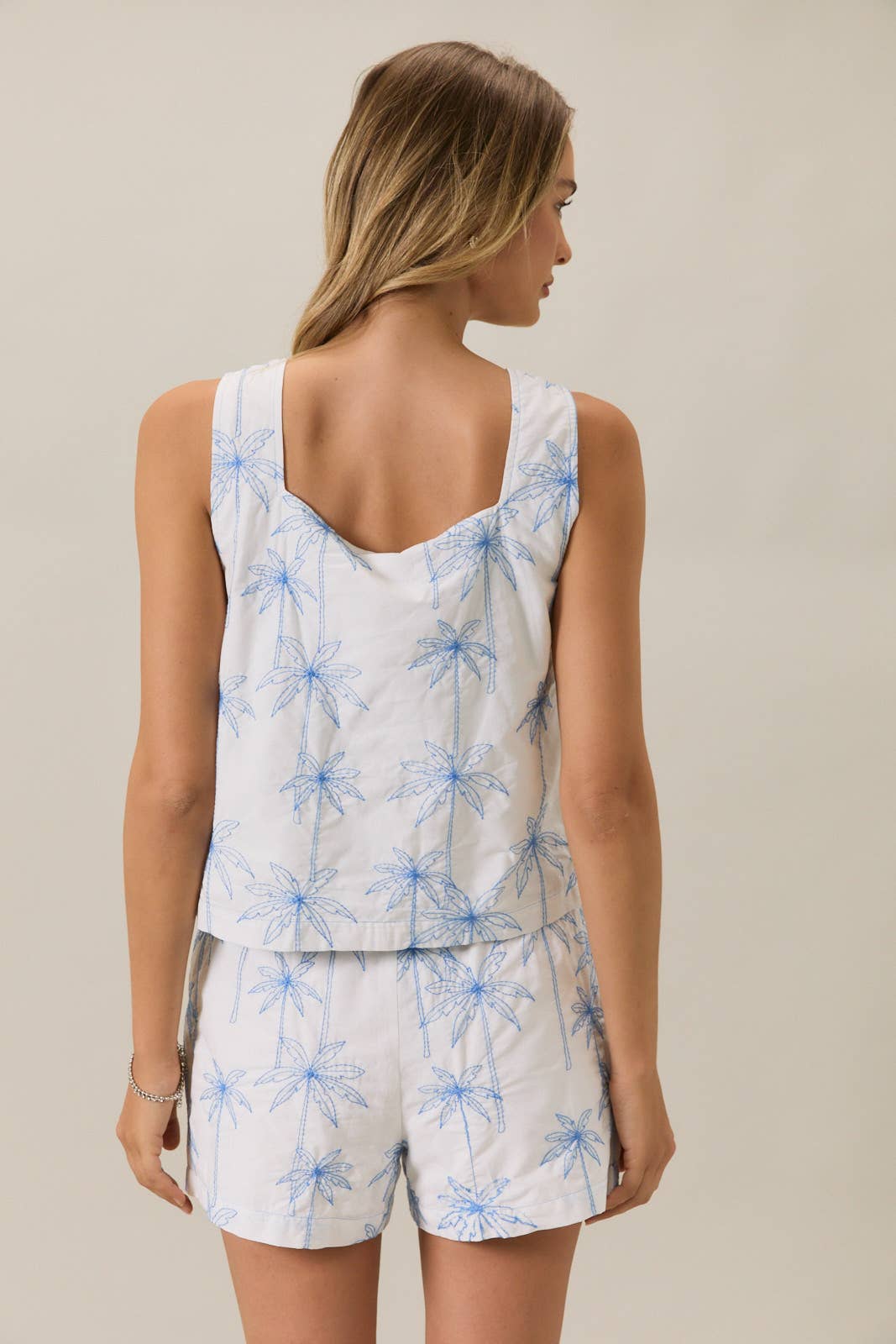 White w/ Blue Palm Trees Embroidred Detail Square Neck Top- 148026