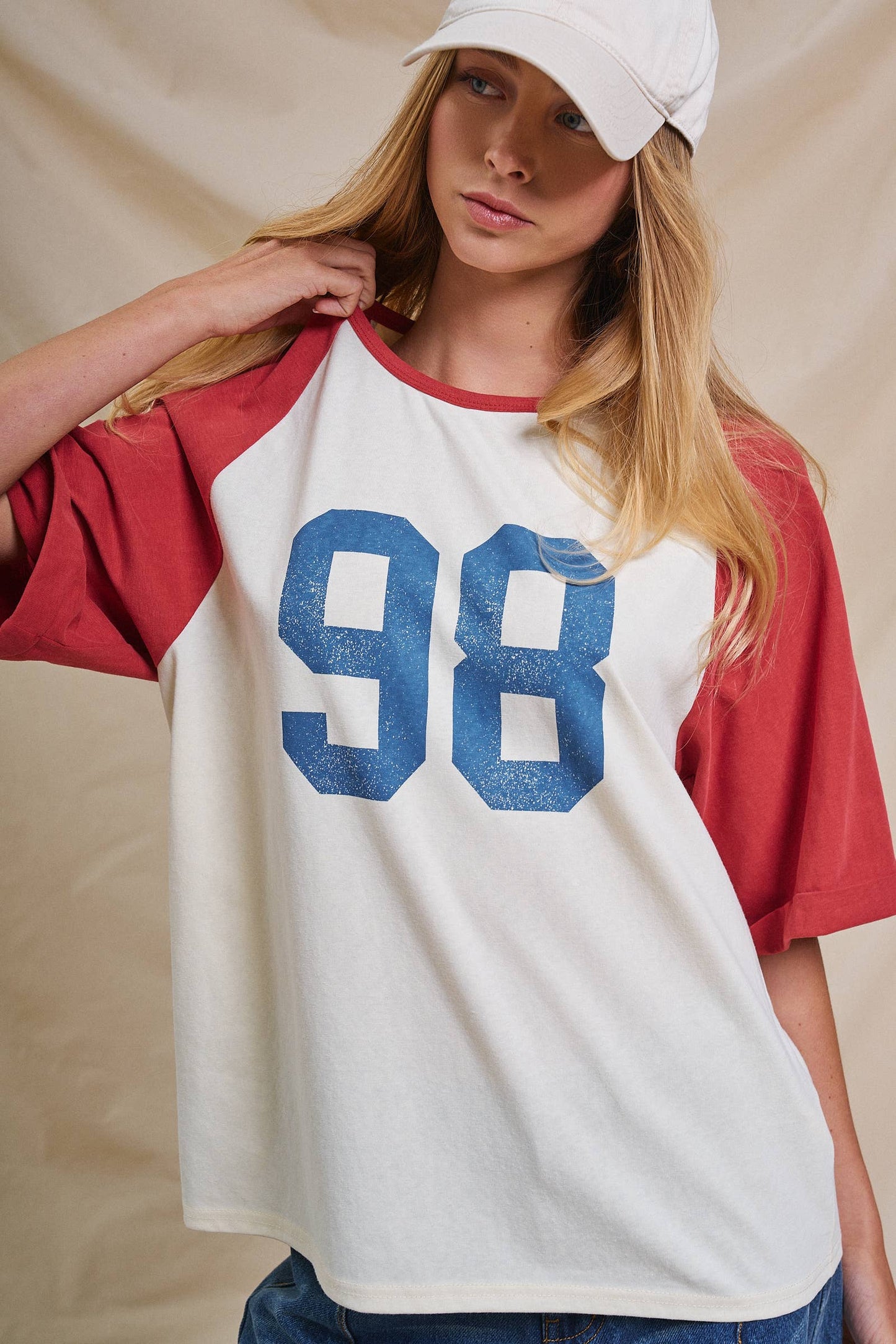 Ivory and Red Vintage Varsity  Cotton Baseball Tee - 141381
