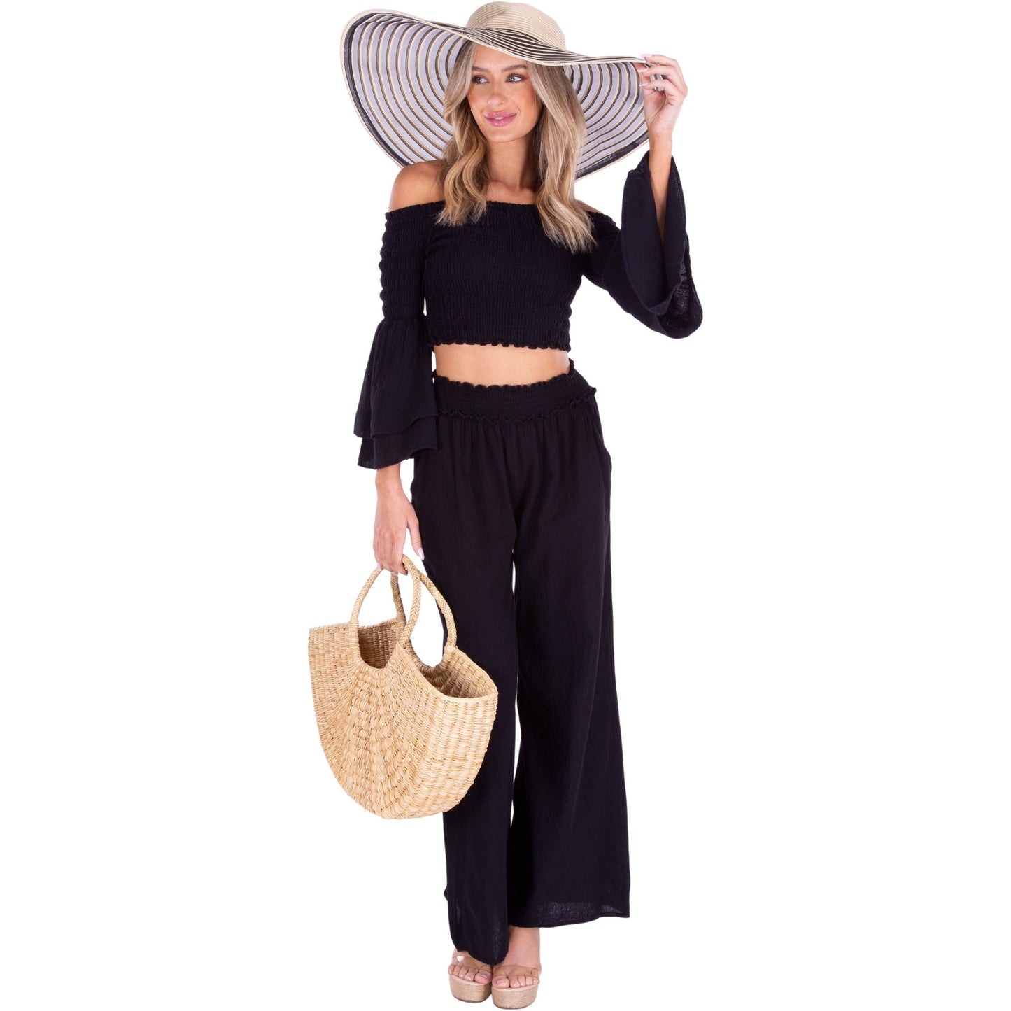 Black Smocked Waist Cotton Wide Leg Pants-131379