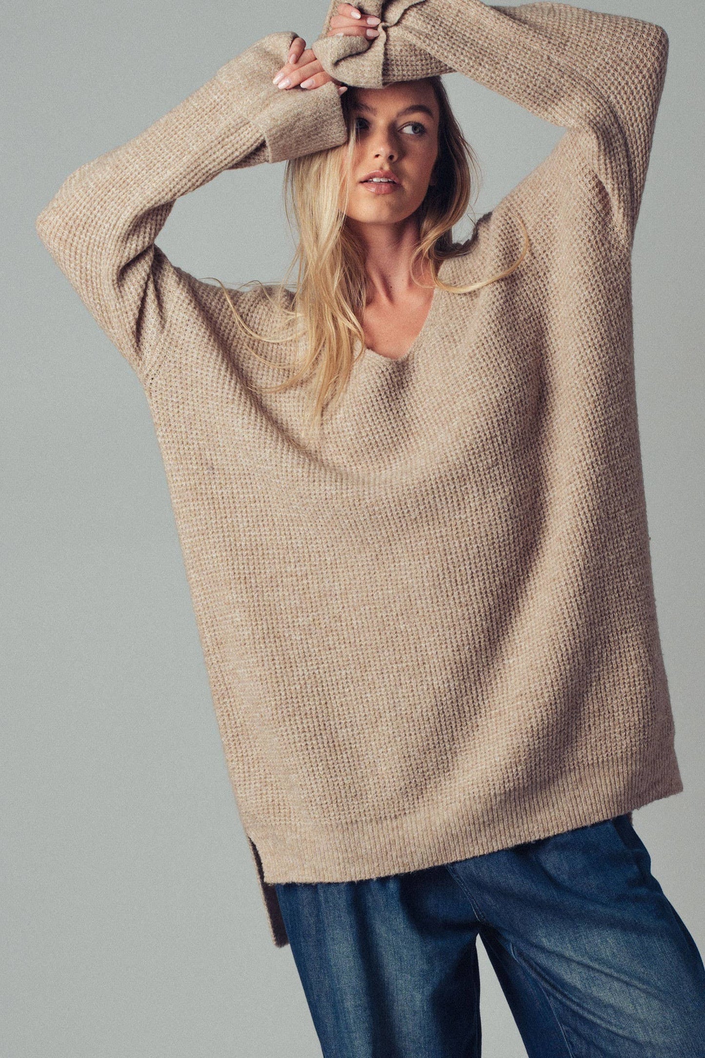 Oversized Taupe Knit V-Neck Sweater