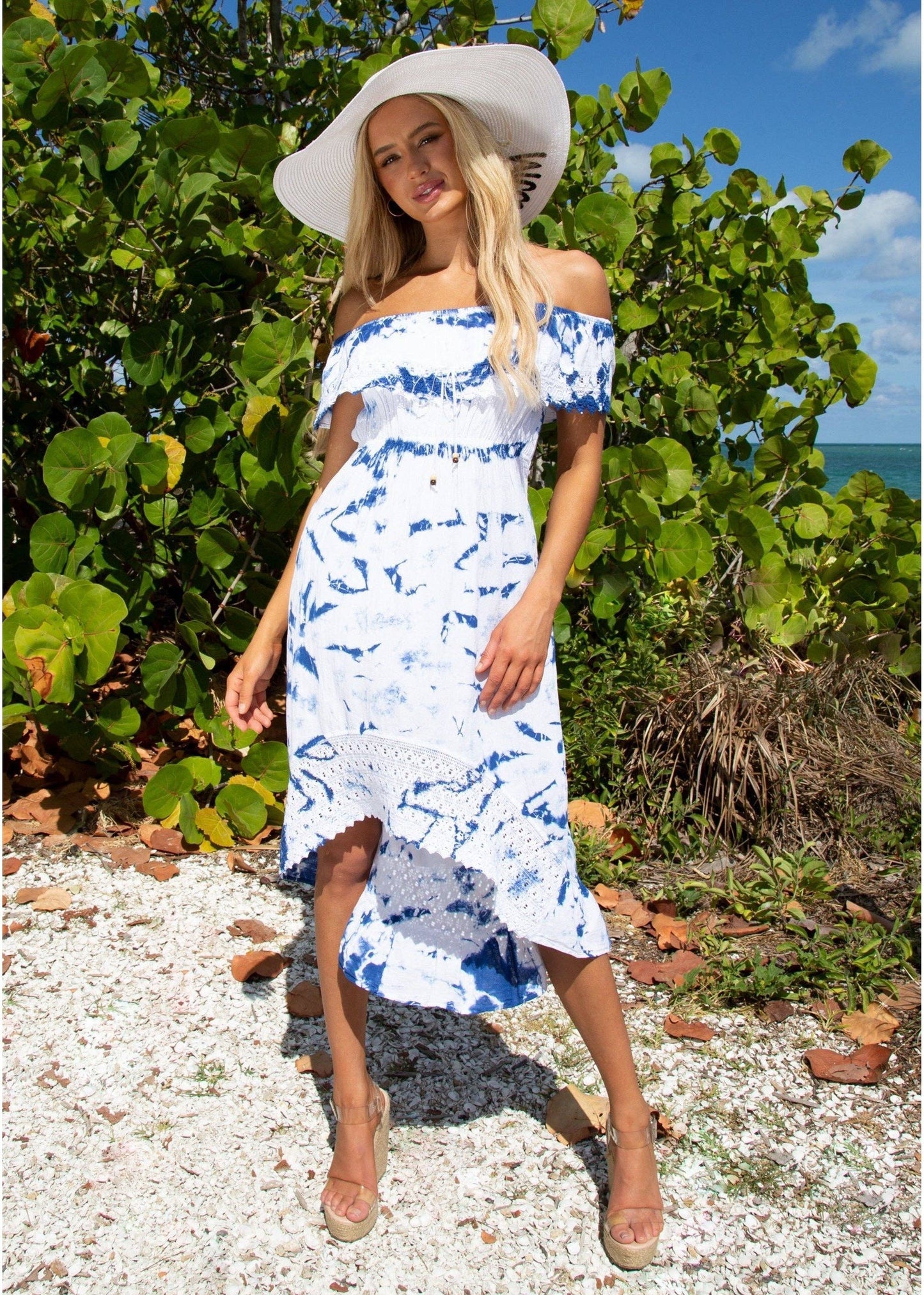 Tie Dye Blue and White Fringed Cotton Dress