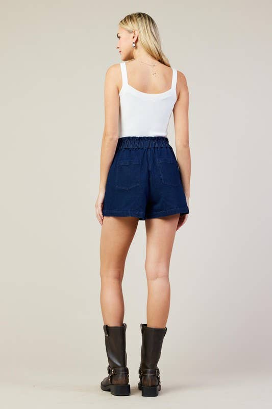 Indigo High-Waisted Stretch Denim Shorts-114802