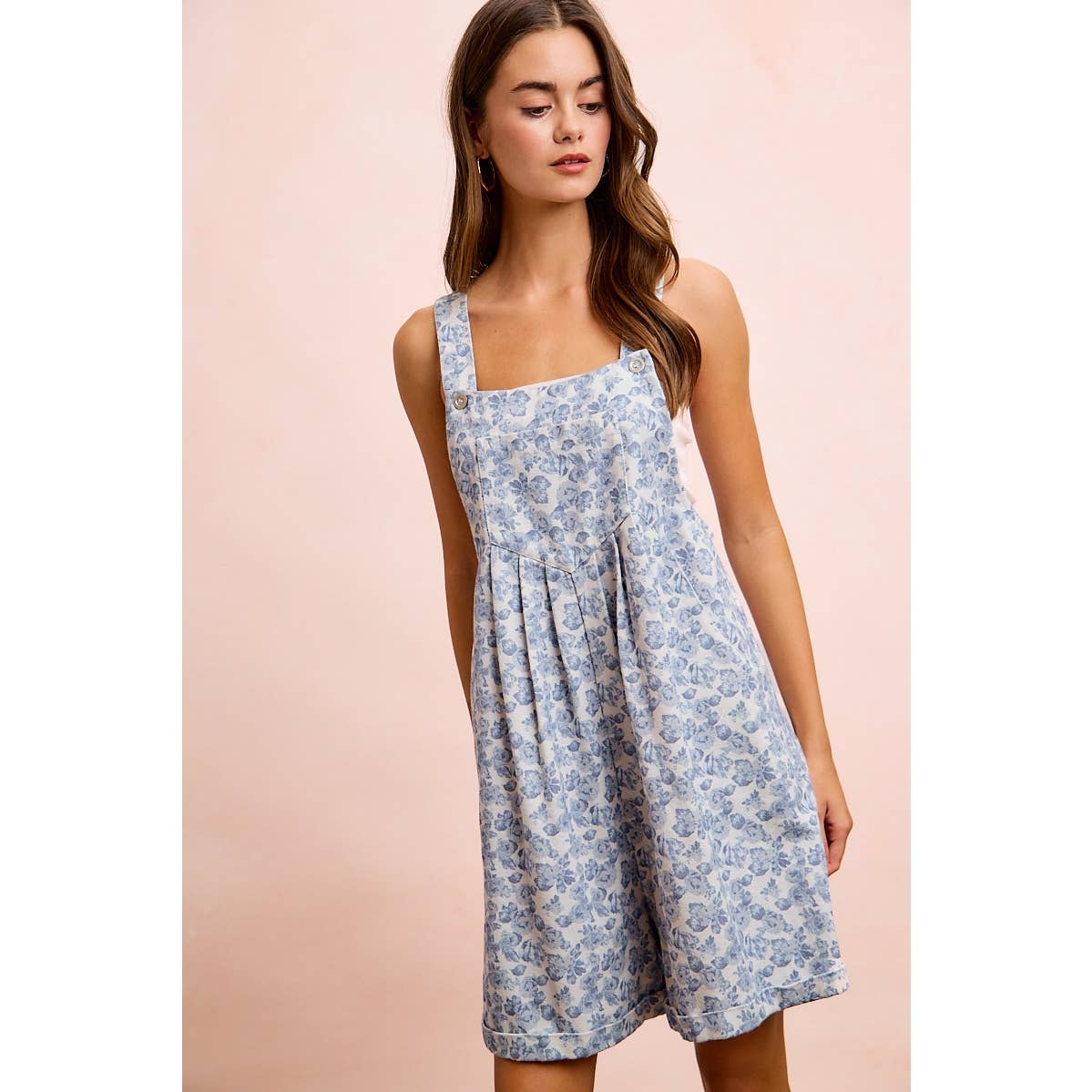 Blue Flower Printed Washed Twill Denim Shortall- 121162