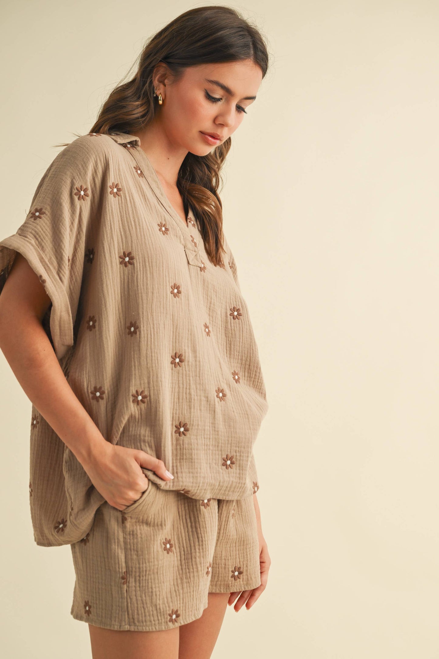 Mocha Embroidered Flower Cotton Short Set