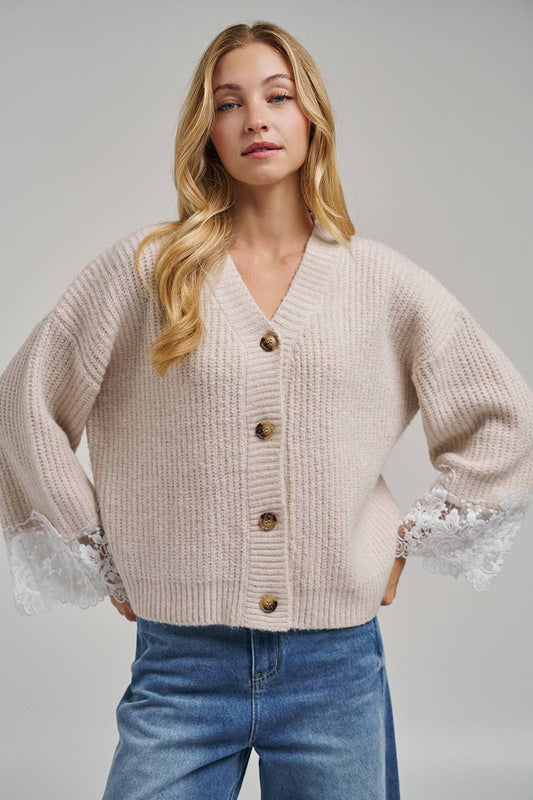 Oatmeal V-Neck Lace Cuff Cardigan-150428