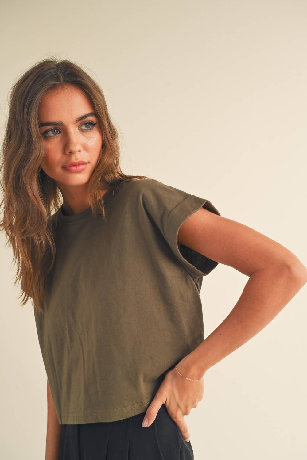 Olive Cuffed Short Sleeve Shirt-142263