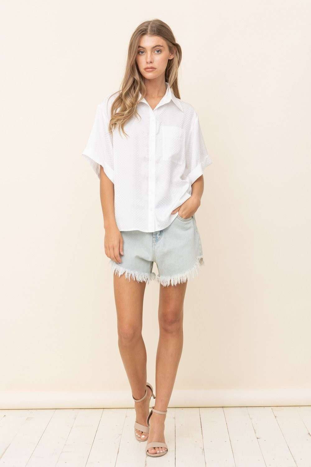 White Isla Textured Button-Up Oversized Top