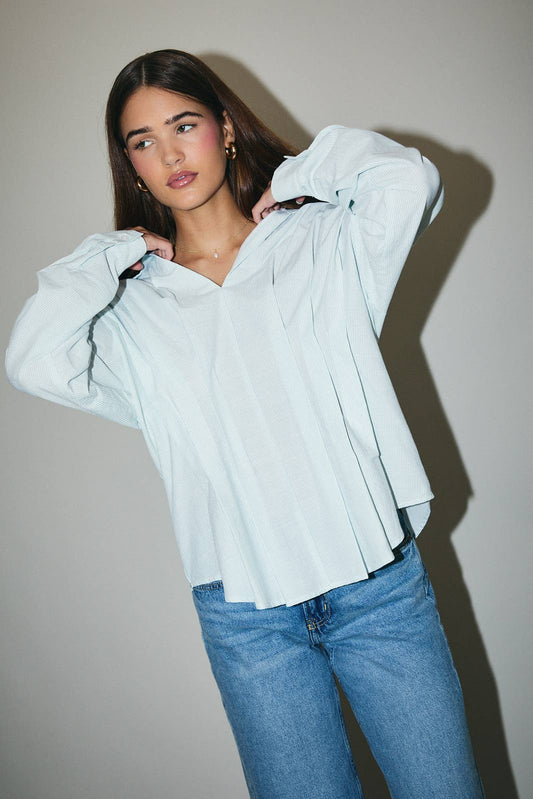 Blue and White Pleated Cotton Shirt- 142065