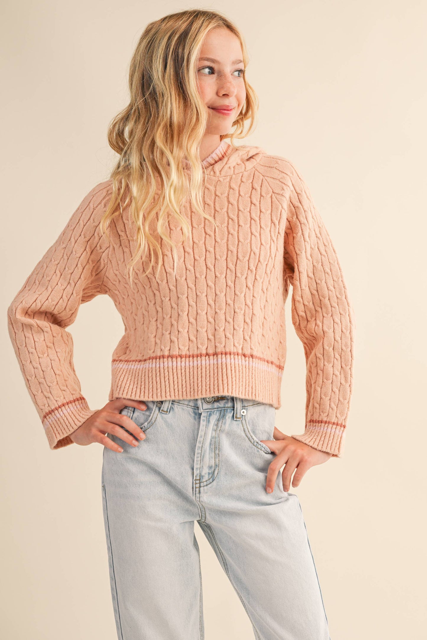 Soft Blush Hooded Cable Knit Sweater