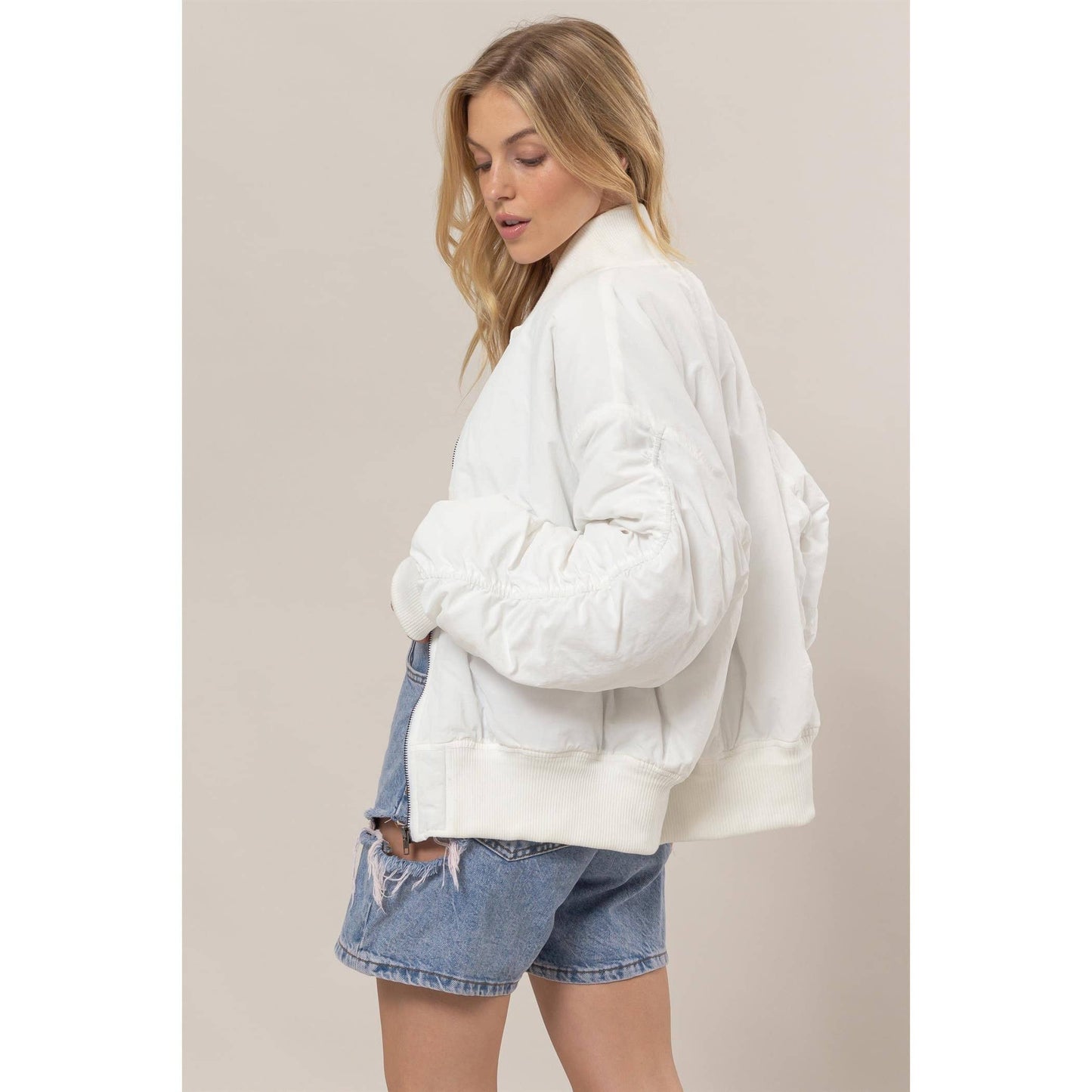 Winter White Oversized Bomber Puffer Jacket