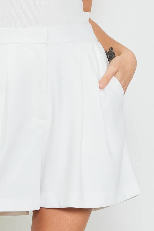 White Pleated Shorts-114606