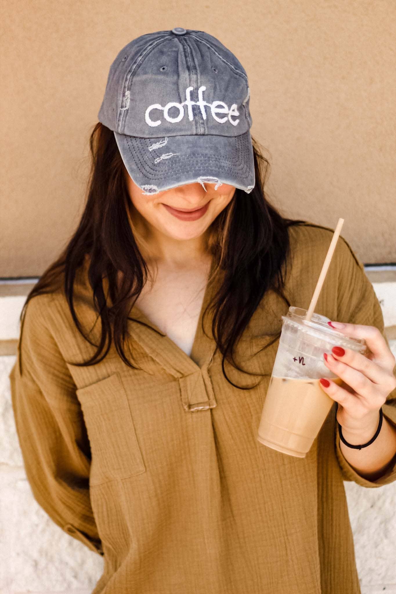 Grey 'Coffee' Distressed Unisex Hat