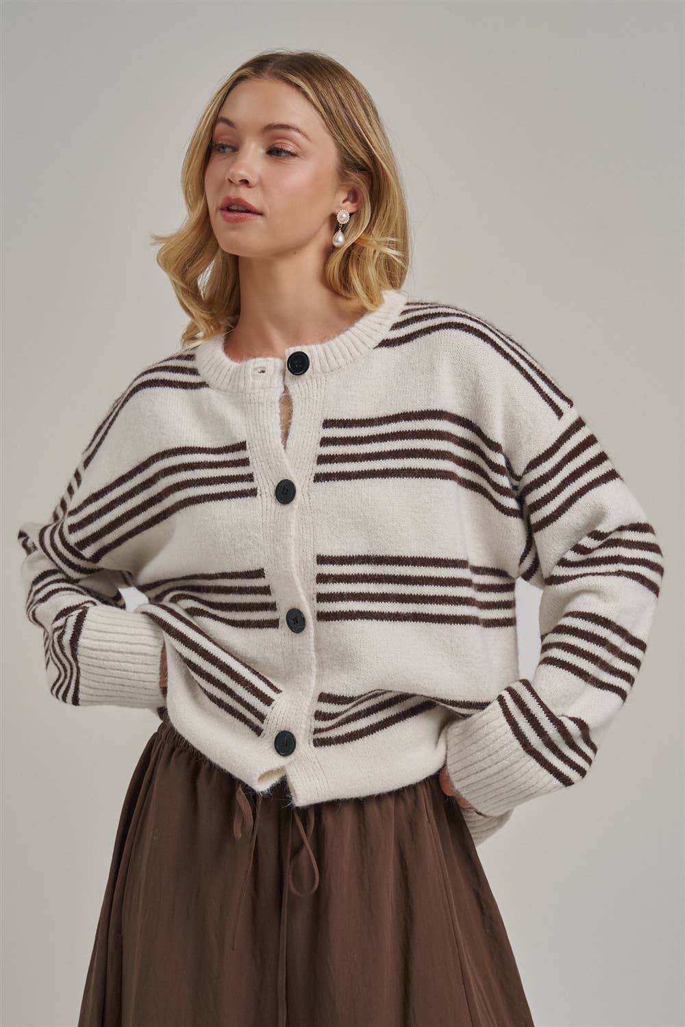 Ivory & Brown Oversized Striped Button-Down Cardigan-150316
