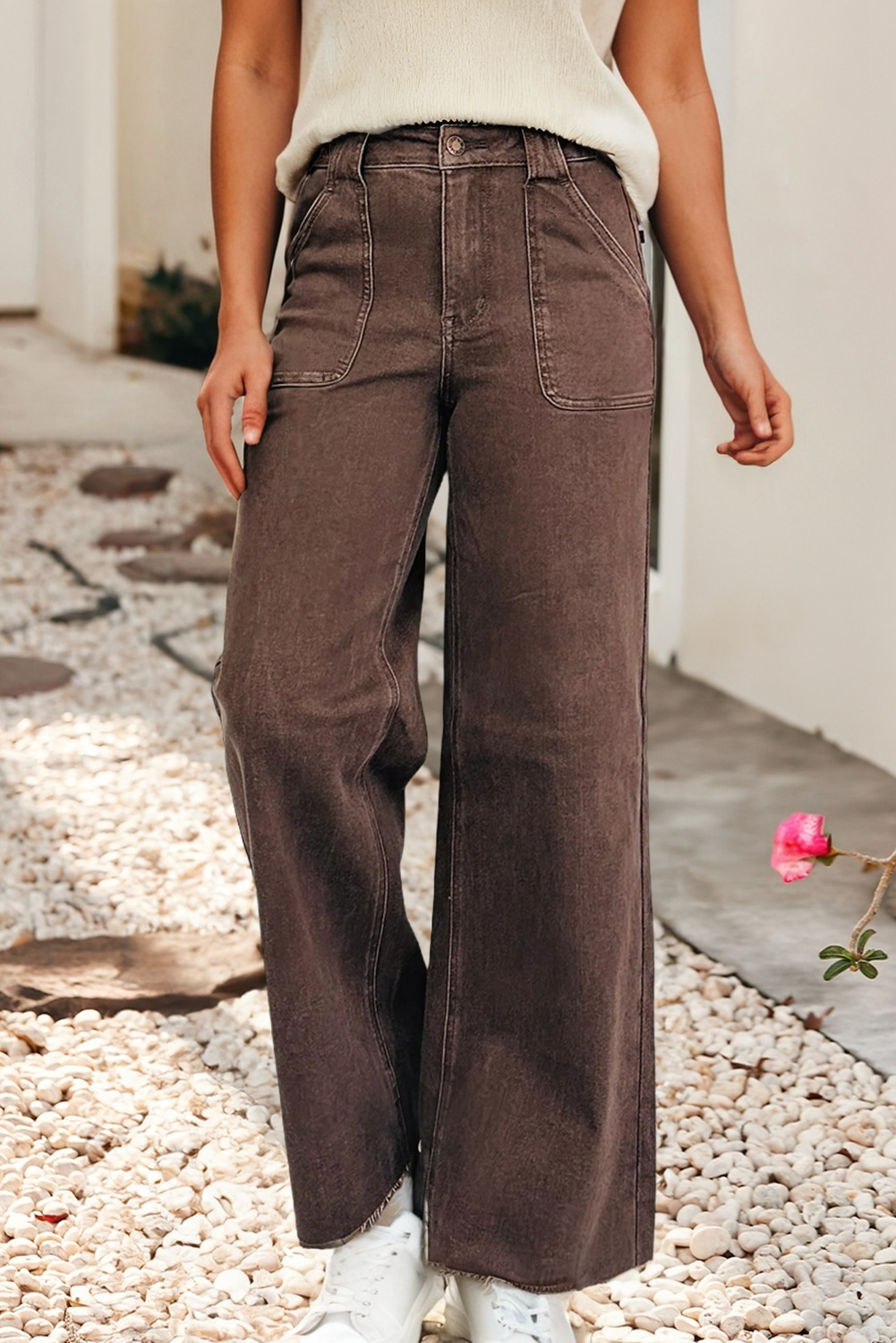 Retro Mocha Brown Washed Patch Pocket Loose Jeans