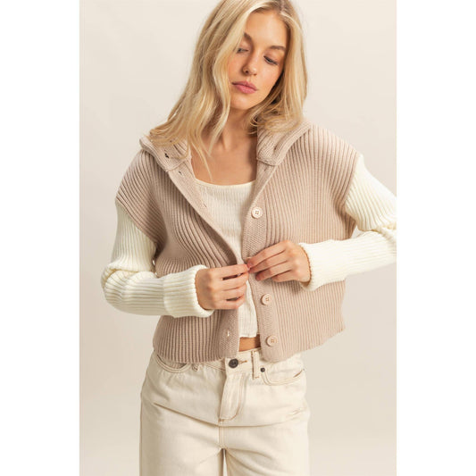 Sand and Ivory Contrasting Sleeves Sweater Cardigan- 155021