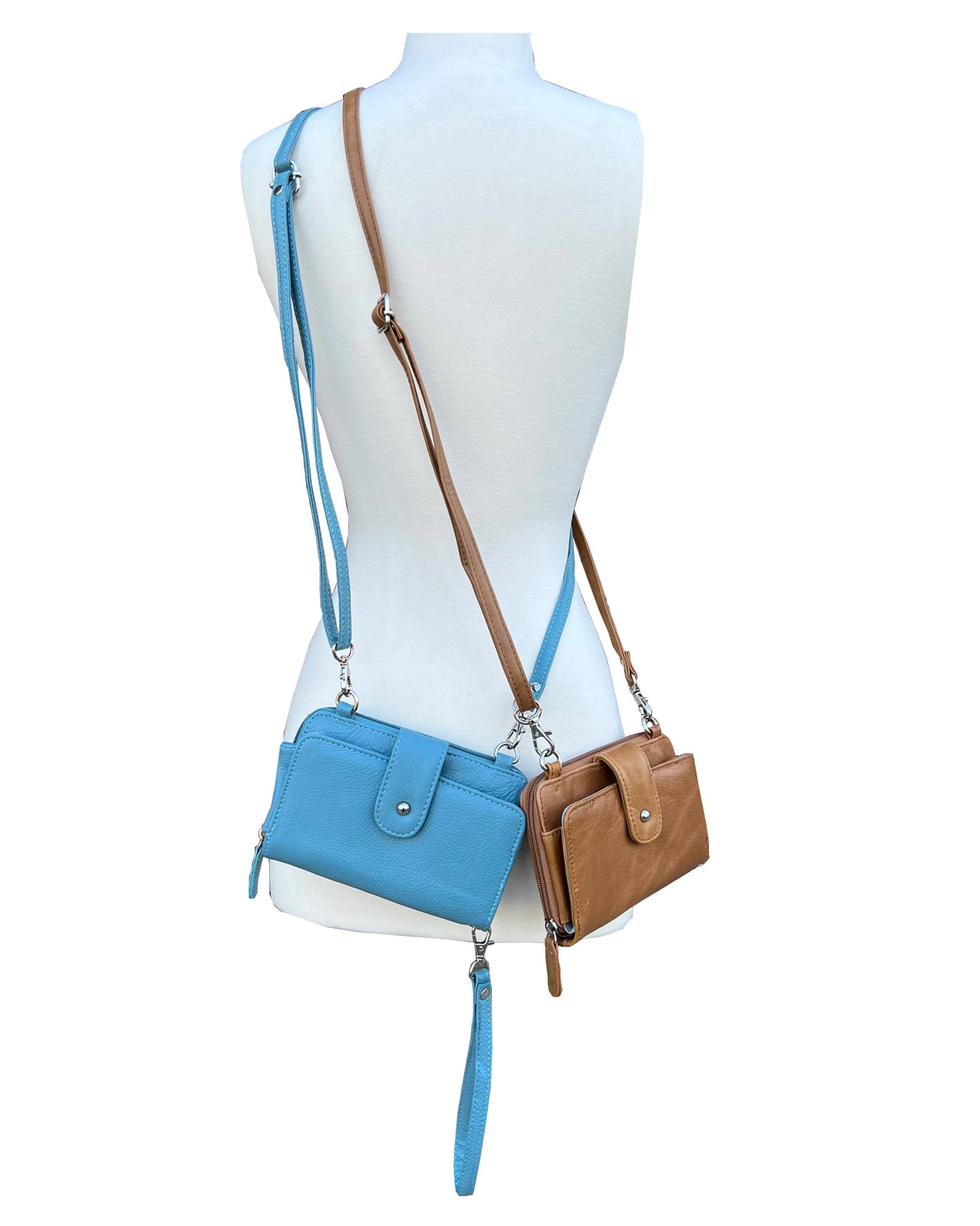 Light Brown / Black Leather Phone Crossbody Wallet