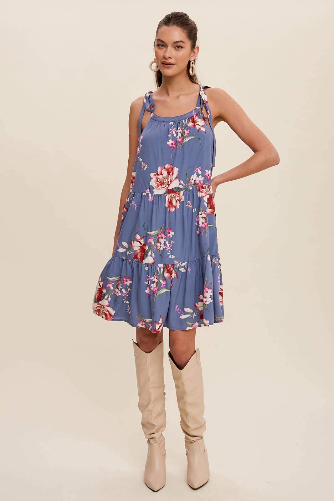 Blue Floral Tie-Shoulder Tiered Dress- 121202