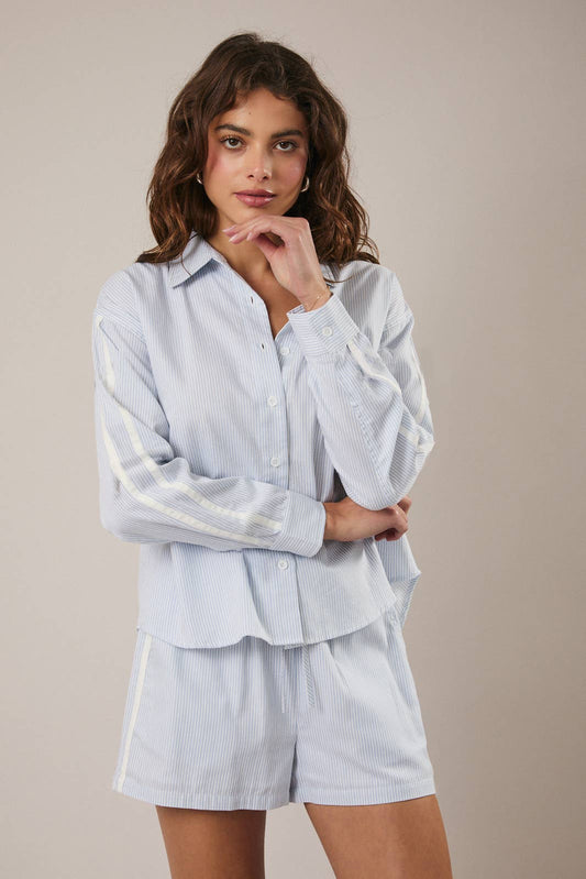 Blue and White Stripe Button Up Blouse - 142063