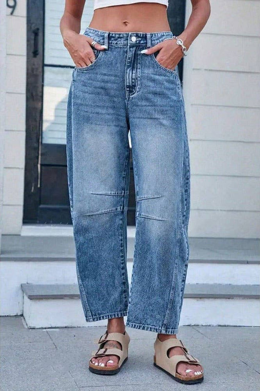 Washed Denim High Waist Loose Fit Jeans-130114