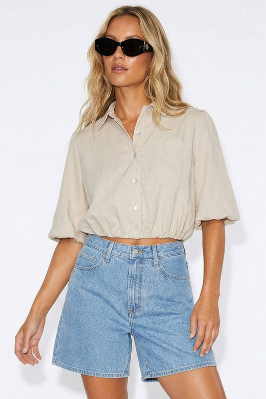 Khaki Short Sleeve Cropped Button Up Blouse -149003