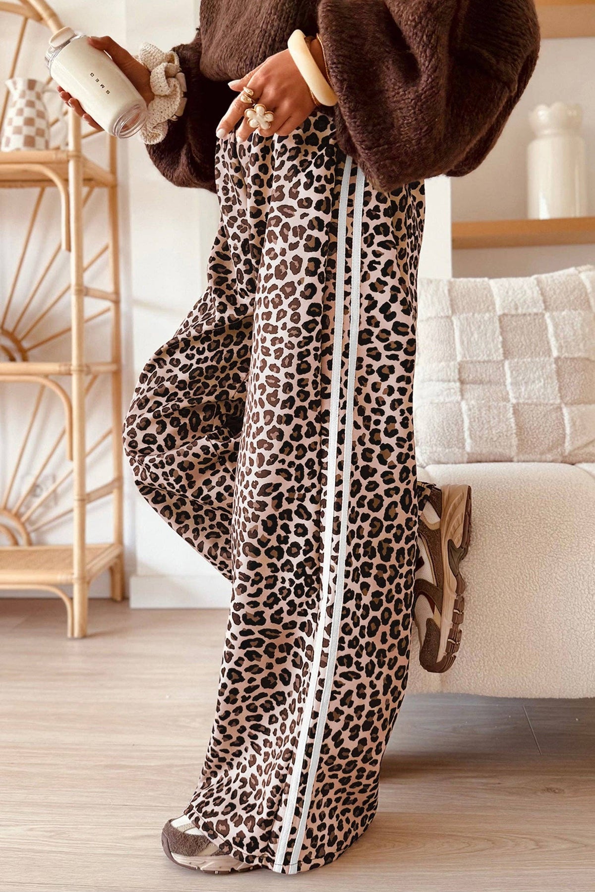 Beige Leopard Print Casual Wide Leg Pants-131520