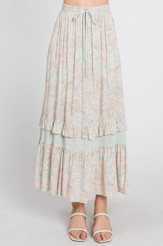Mint and Taupe Delicate Design Block Ruffle Maxi Skirt