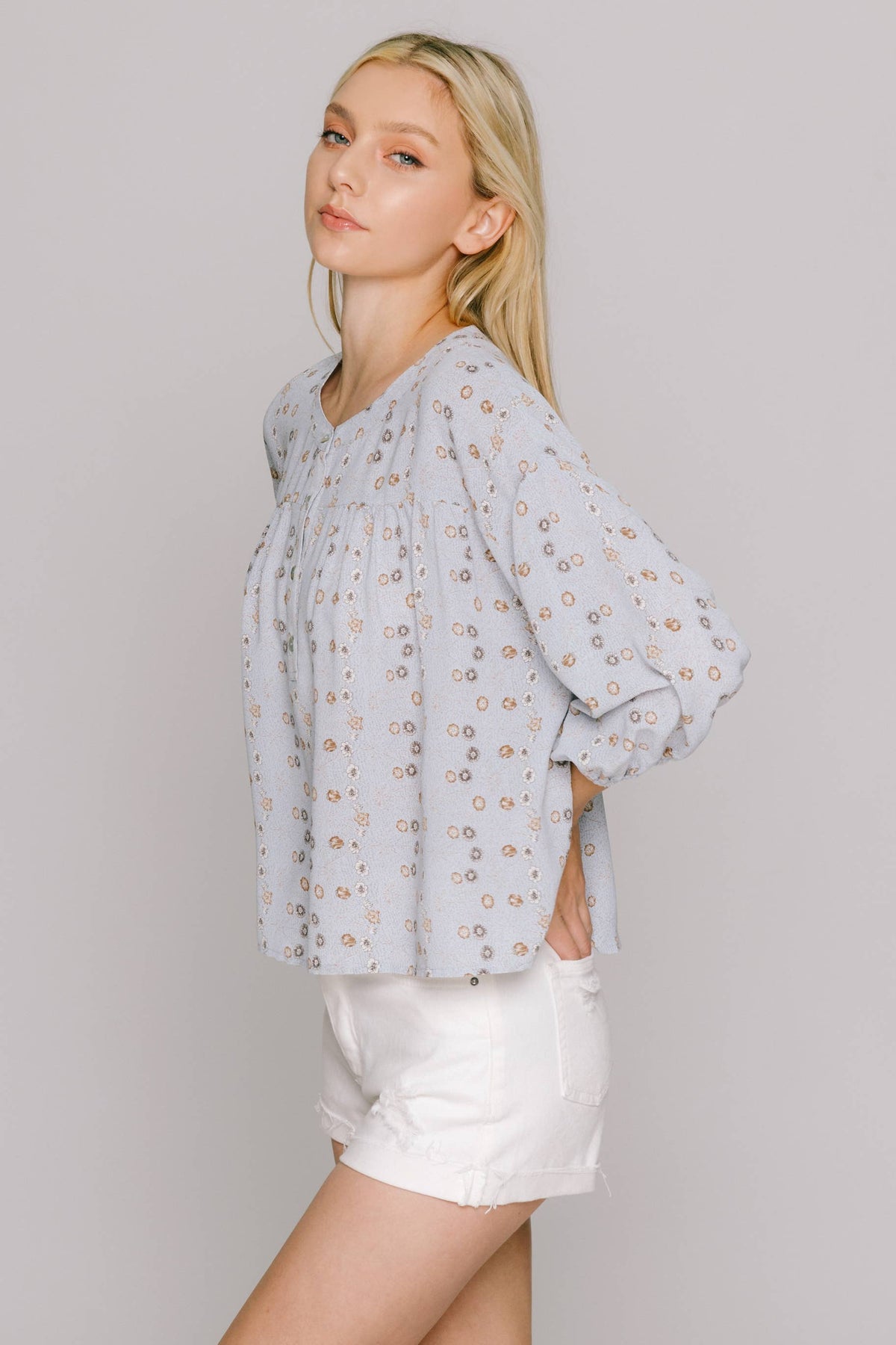 Blue Floral Print Flowy Blouse -143052