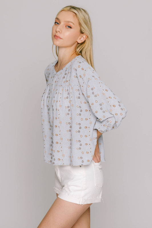 Blue Floral Print Flowy Blouse -143052
