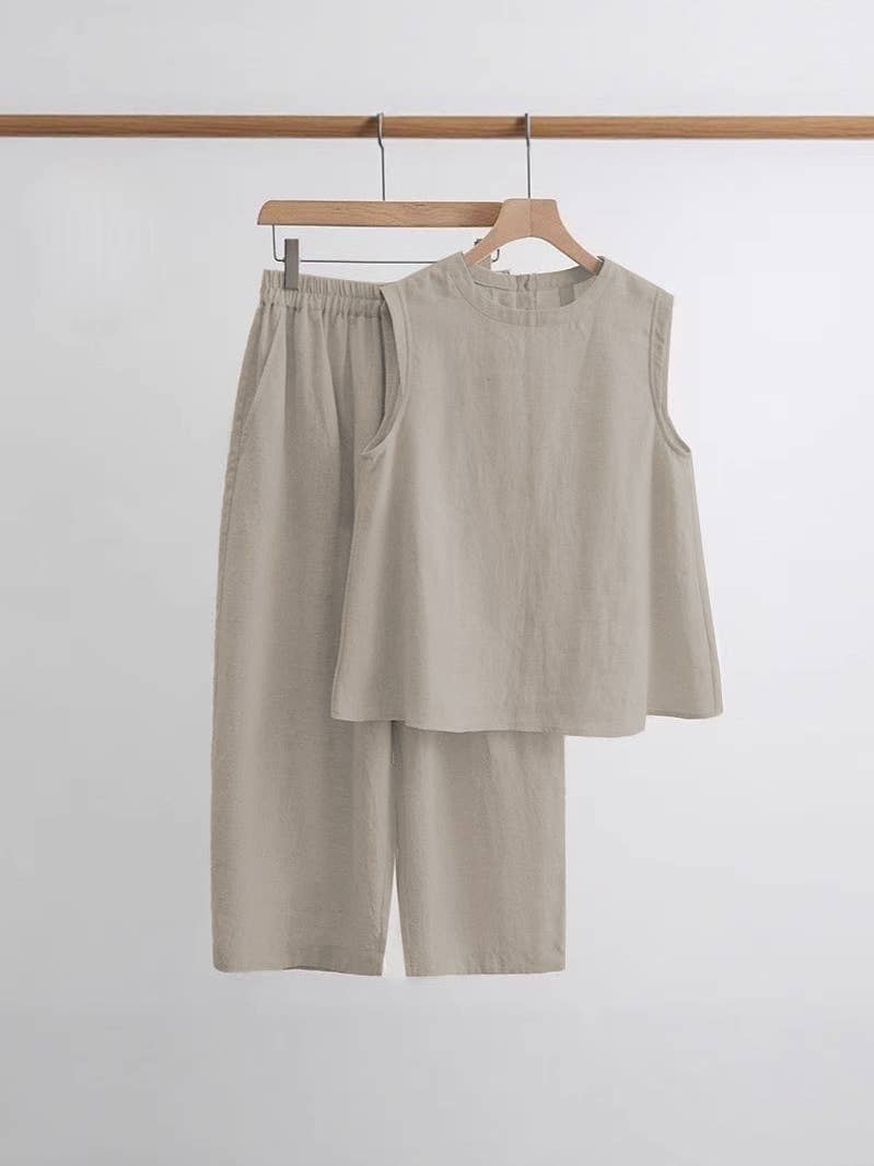 Boxy Lightweight Airy Cotton Linen Effect Boxy Crewneck Tank Top: Beige / White - 146421